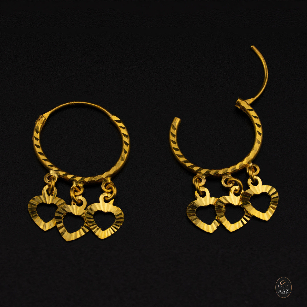 Three Hearts 22K Gold Hoop Earrings plain