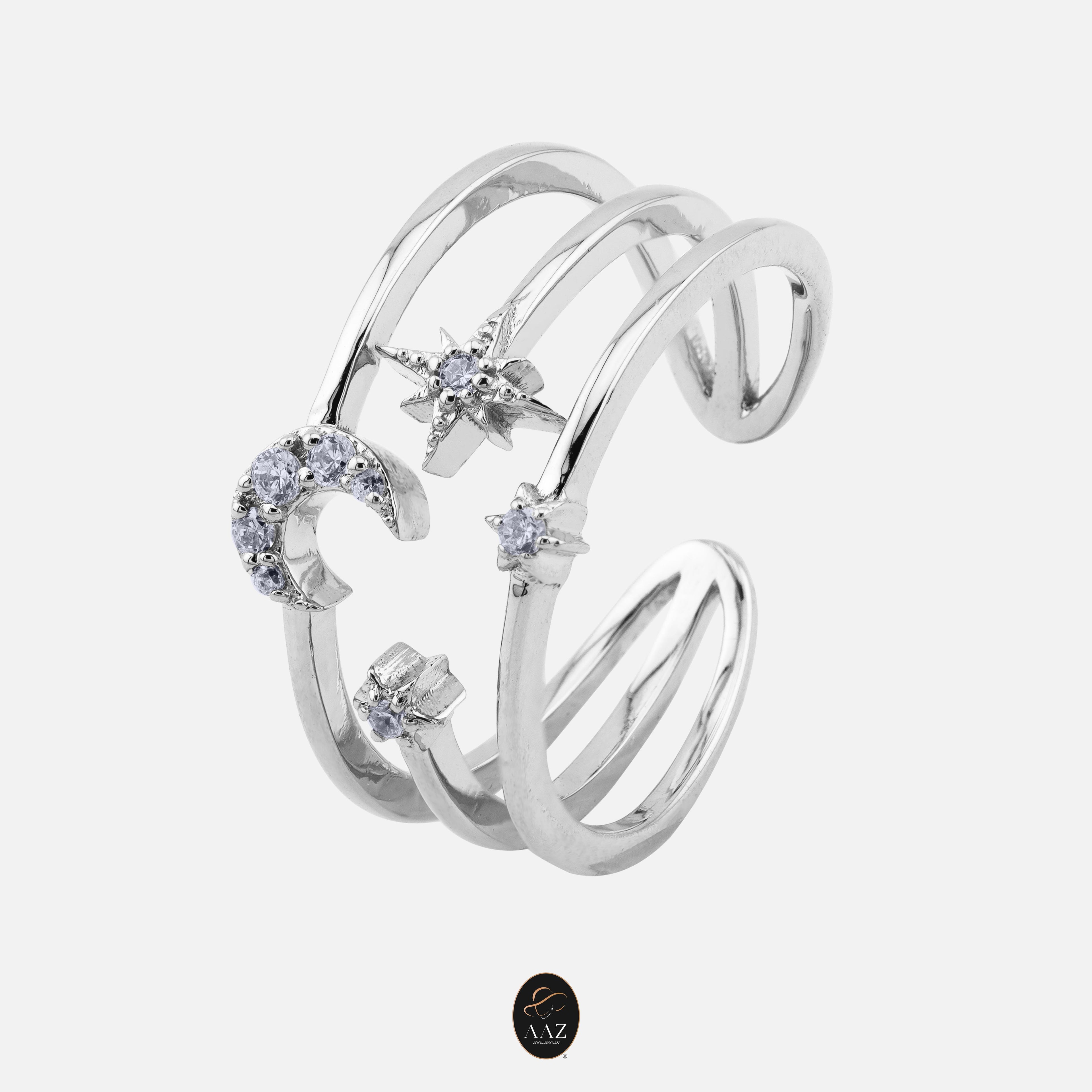 Crescent Moon & Stars 18K Gold Triple Band Ring