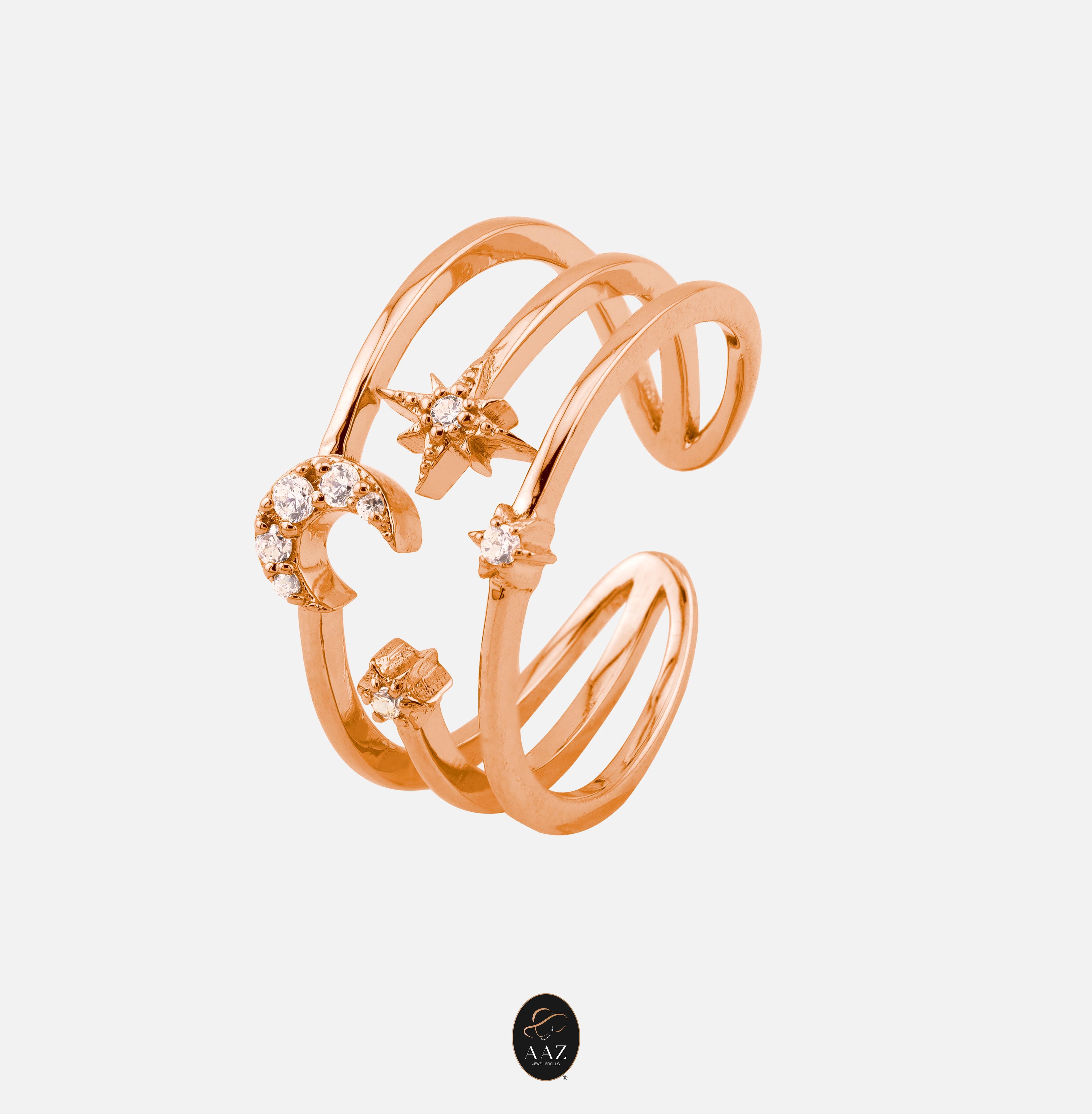 Crescent Moon & Stars 18K Gold Triple Band Ring