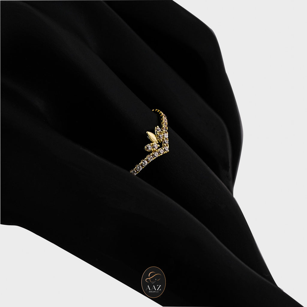Chevron 18k Gold with Zircon Stones Ring on an index finger with a side angle