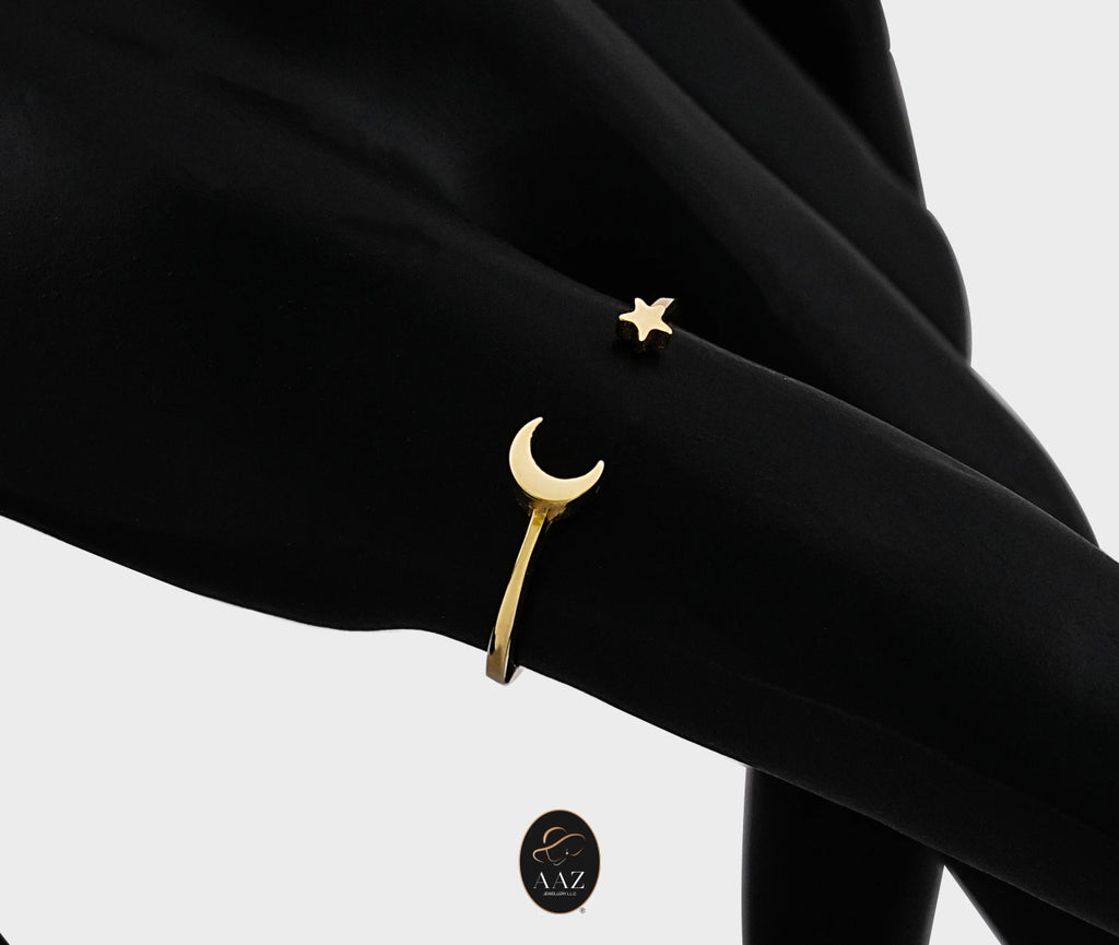 Moon Crescent & Star 18K Gold Ring