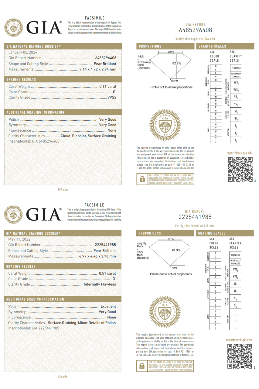 Pear Drop Natural Diamonds 18K Gold Ring GIA report 2 & 3