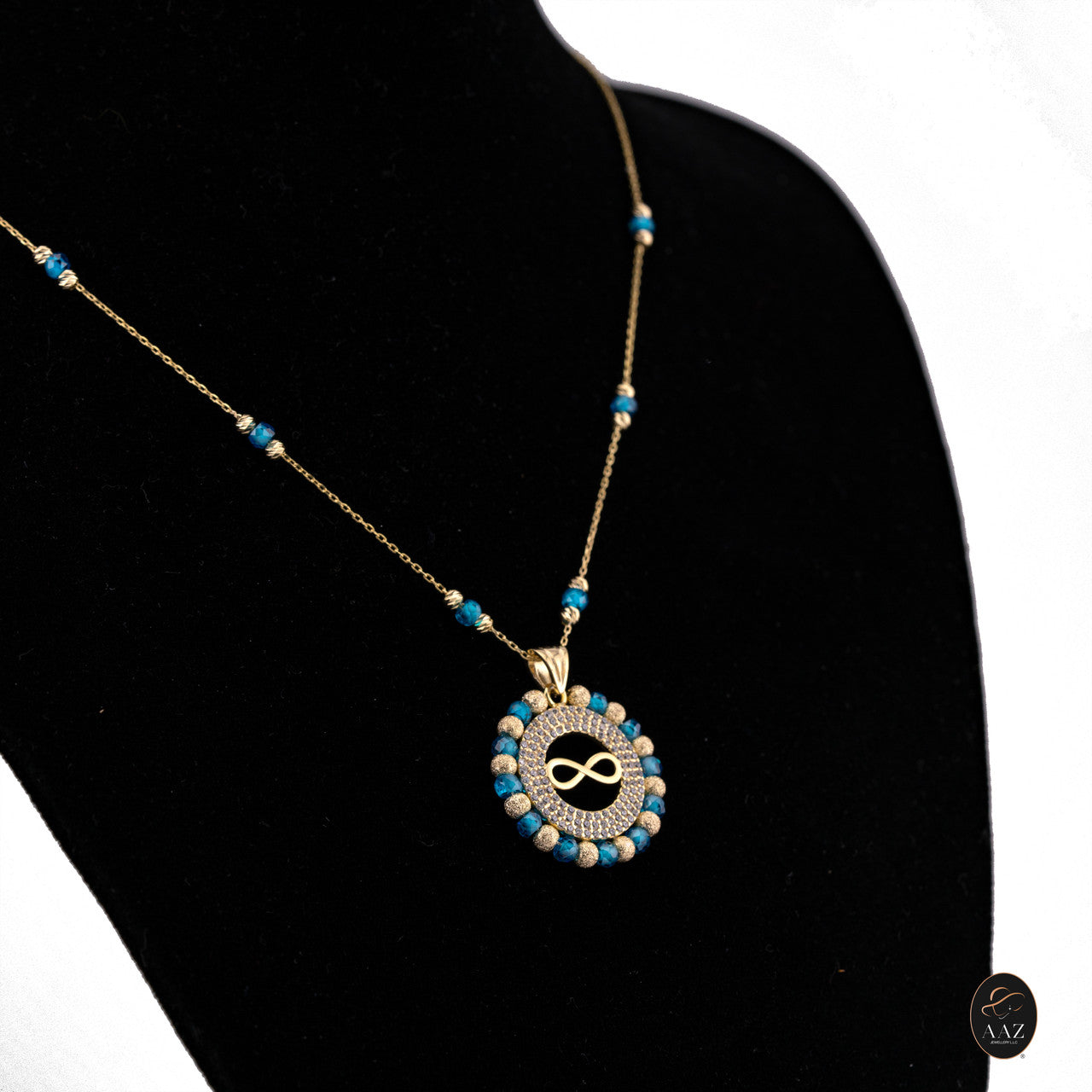Blue Infinity 18k Gold Plated Silver Necklace from a left angle