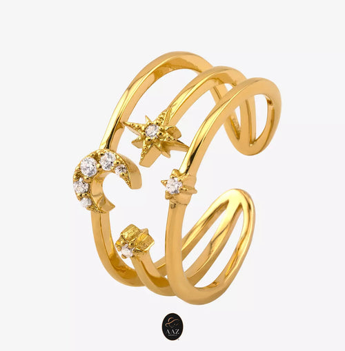 Crescent Moon & Stars 18K Gold Triple Band Ring