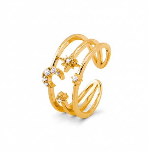 Crescent Moon & Stars 18K Gold Triple Band Ring