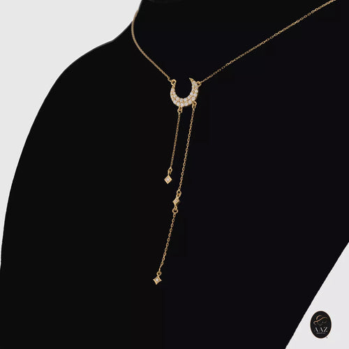 Crescent Moon & Stars 18K Gold Necklace left