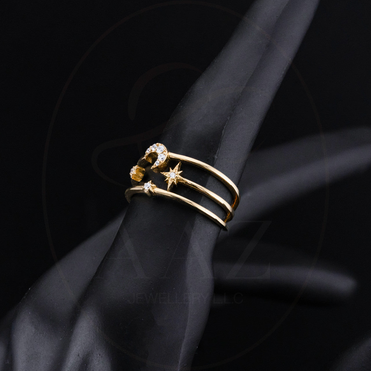 Crescent Moon & Stars 18K Gold Triple Band Ring