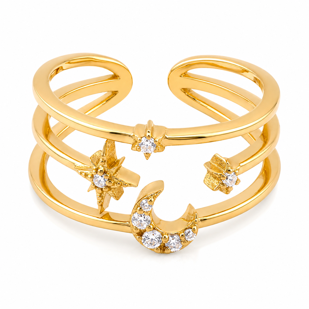 Crescent Moon & Stars 18K Gold Triple Band Ring
