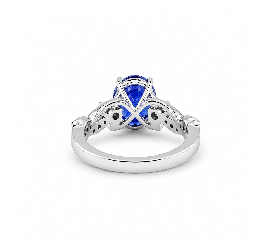 Floral tanzanite ring in 18K white gold, back view of the setting and band