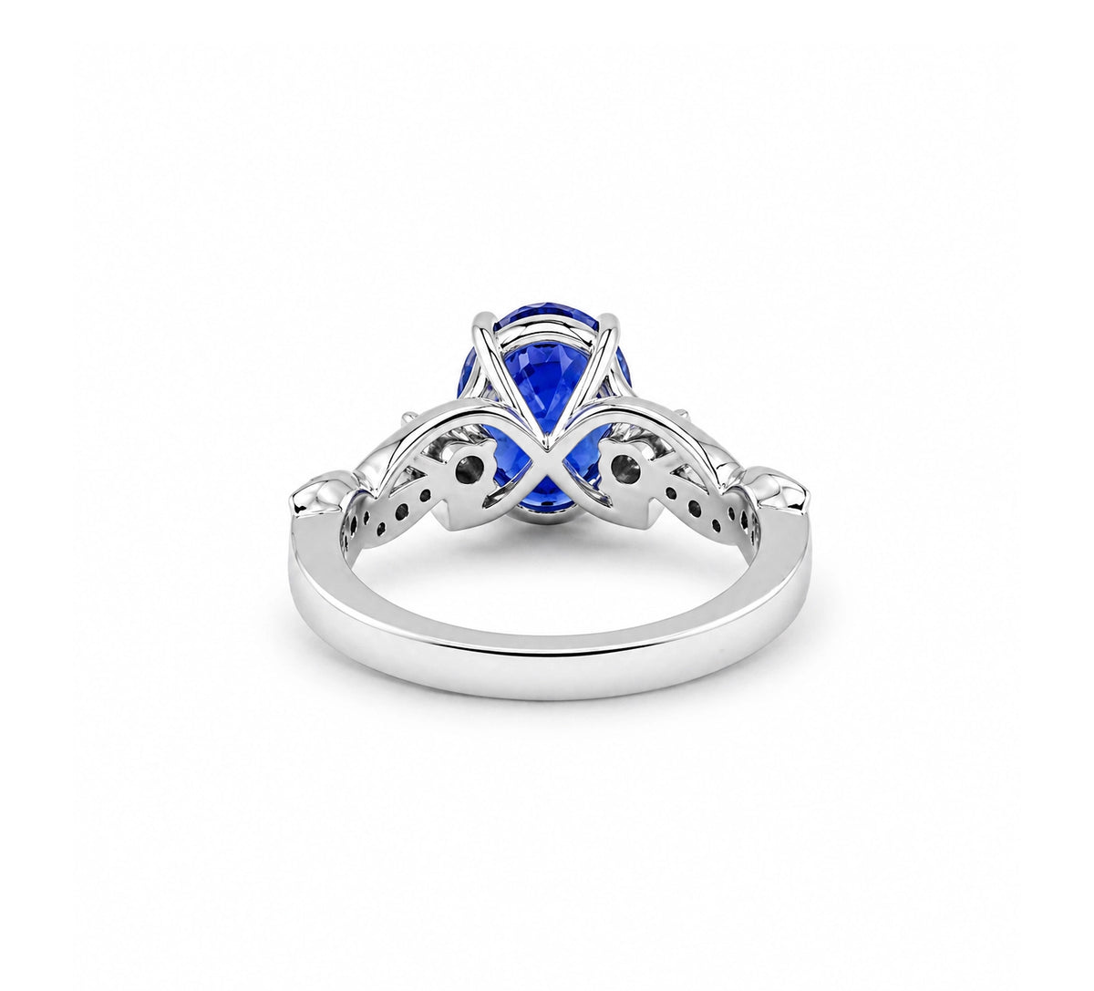 Floral tanzanite ring in 18K white gold, back view of the setting and band