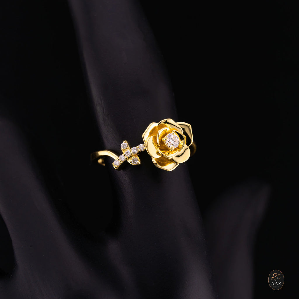 Rose With Natural Diamonds 18K Gold Ring