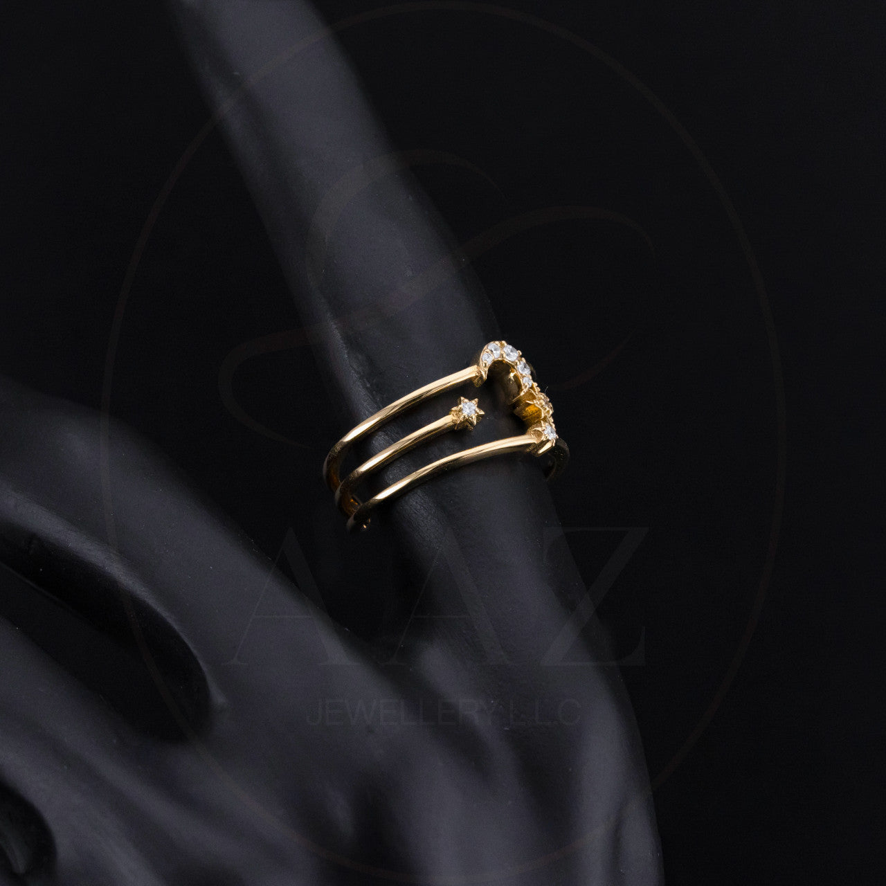 Crescent Moon & Stars 18K Gold Triple Band Ring