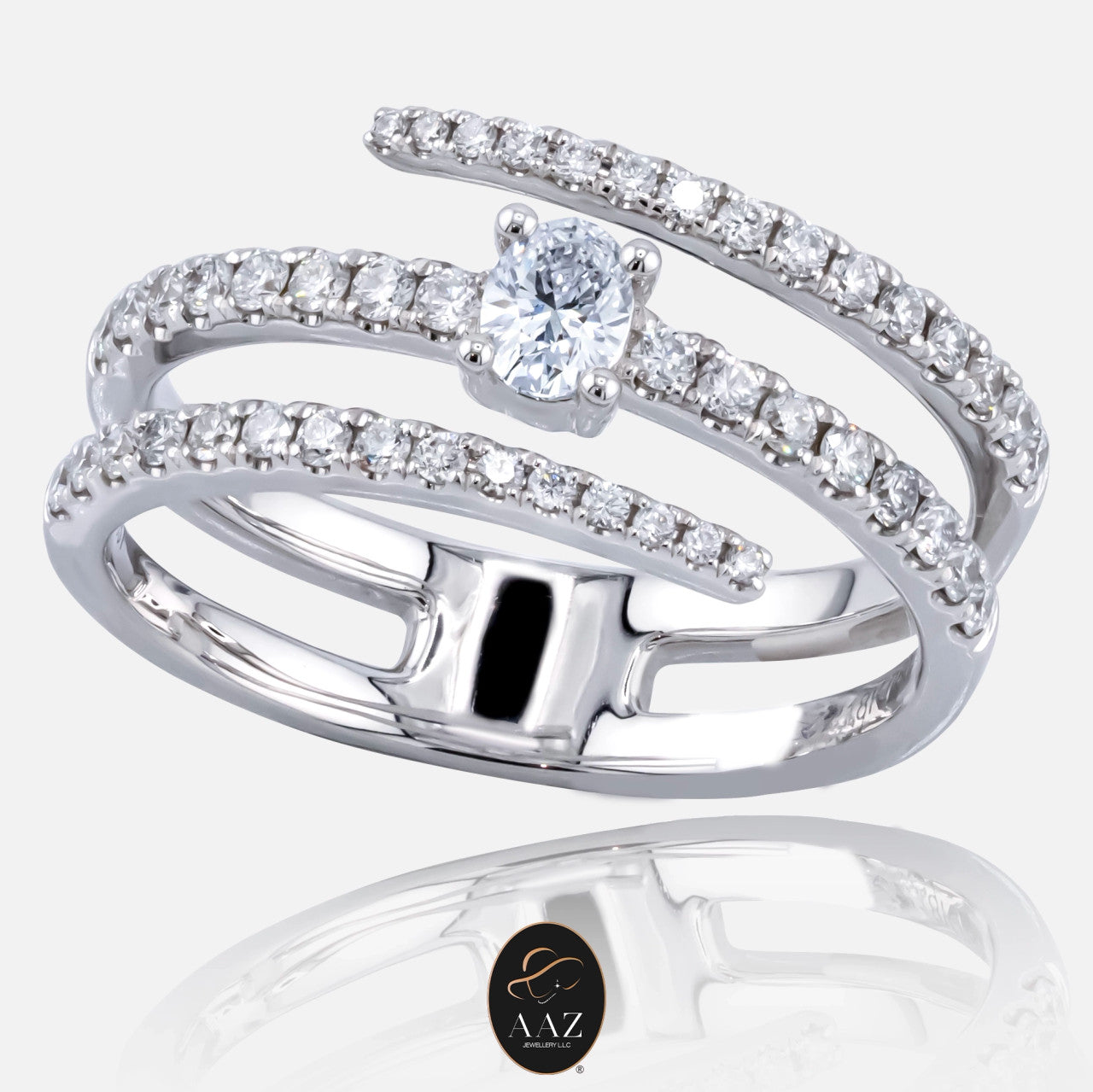 Oval Natural Diamond 18K Gold Tri-Band Ring