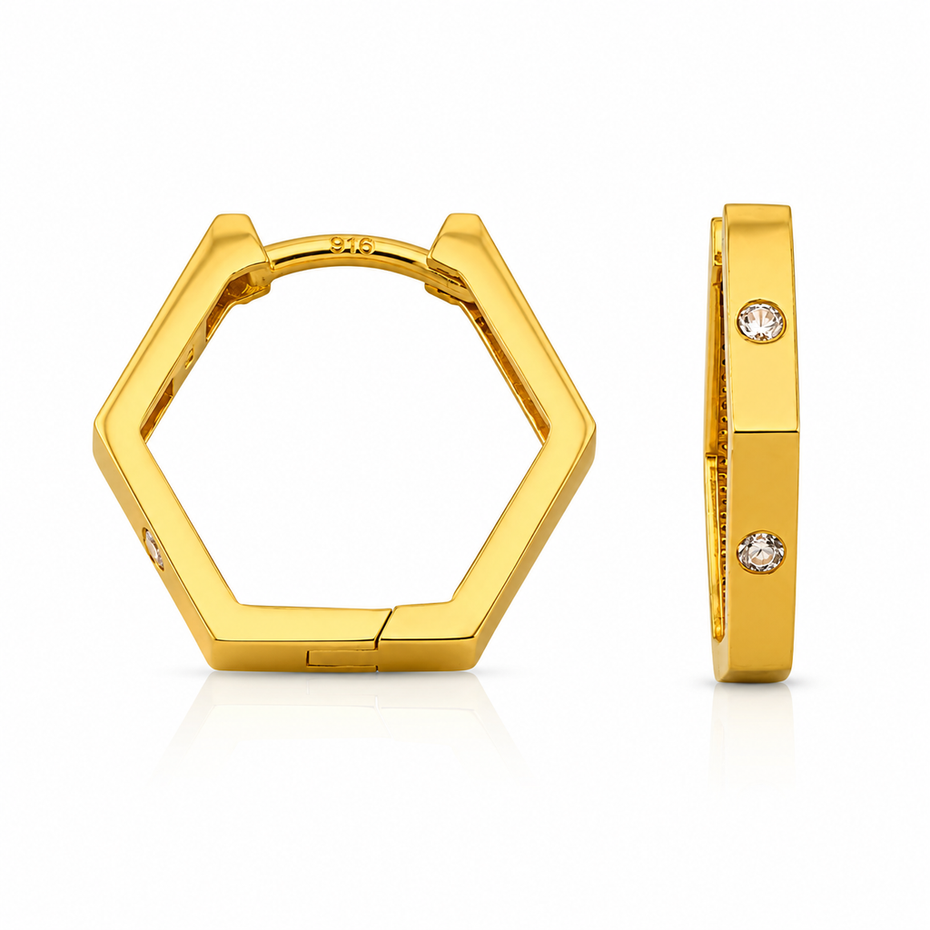 Radiant Hex 22K Gold Hoop Earrings – Geometric Stone Huggies