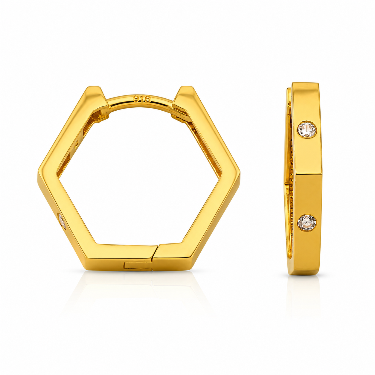 Radiant Hex 22K Gold Hoop Earrings – Geometric Stone Huggies