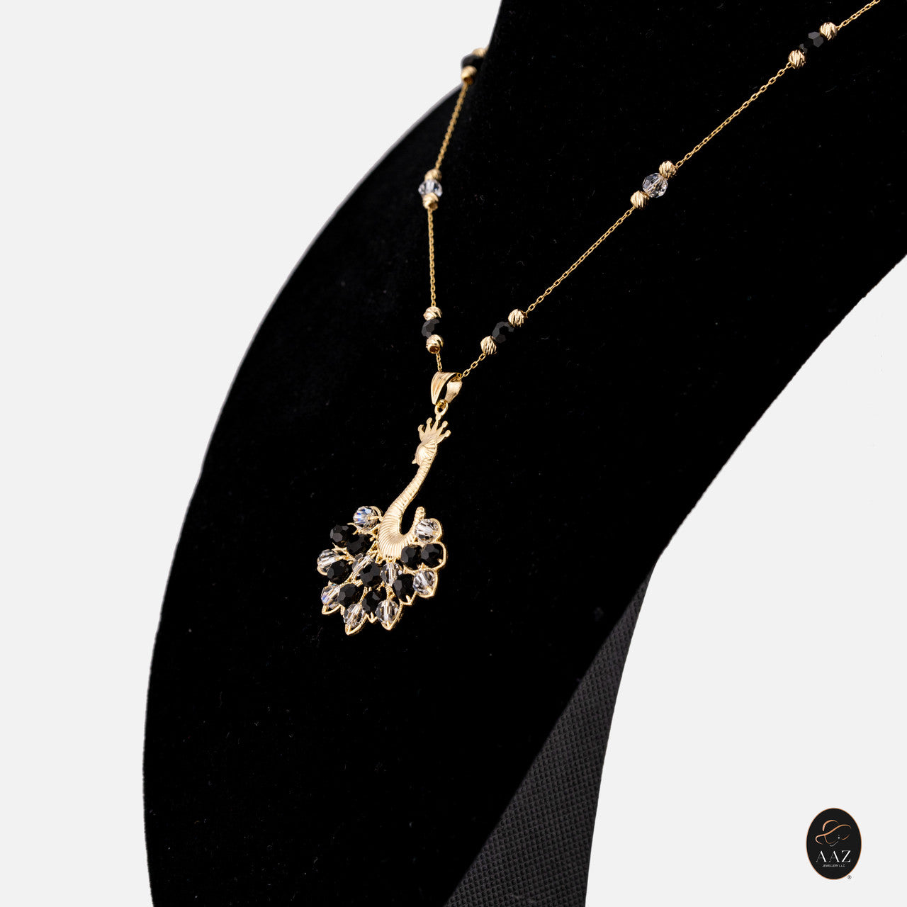 Black/White Queen Peacock 18k Gold Plated Silver Necklace from a right angle