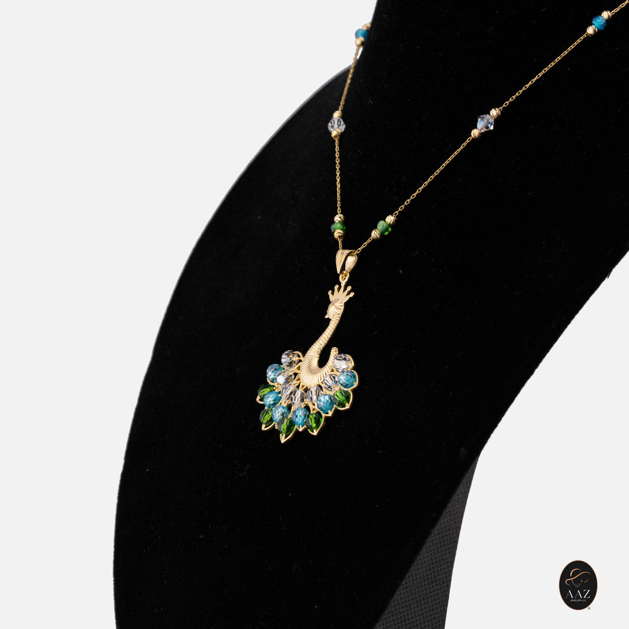 Blue/Green Queen Peacock 18k Gold Plated Silver Necklace from a right angle