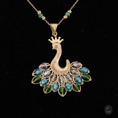 Blue/Green Queen Peacock 18k Gold Plated Silver Necklace on a model