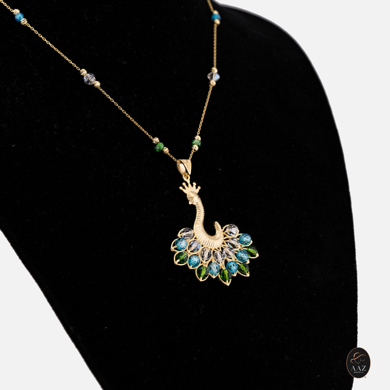 Blue/Green Queen Peacock 18k Gold Plated Silver Necklace from a left angle