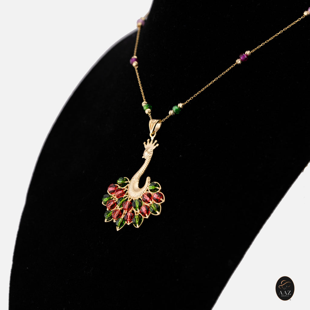 Green/Red Queen Peacock 18k Gold Plated Silver Necklace from a right angle