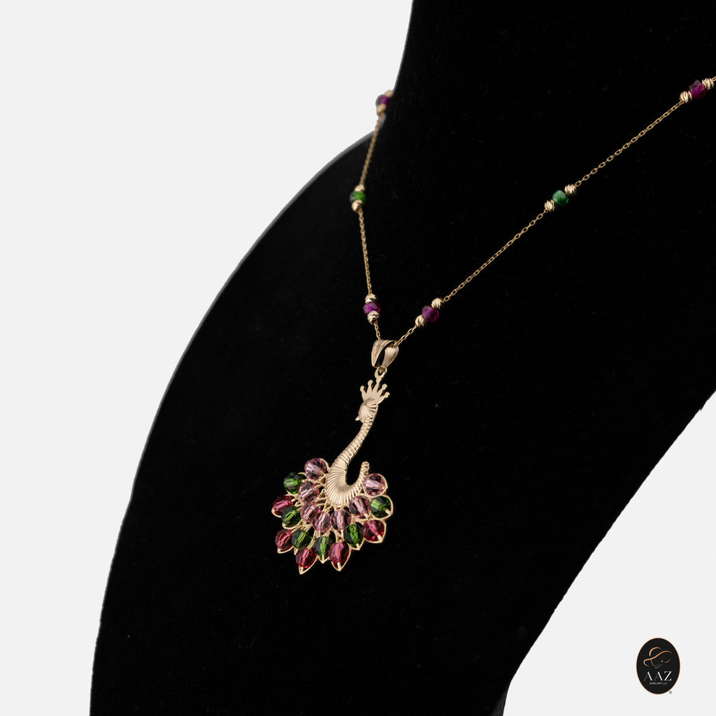 Pink/Green Queen Peacock 18k Gold Plated Silver Necklace from a right angle