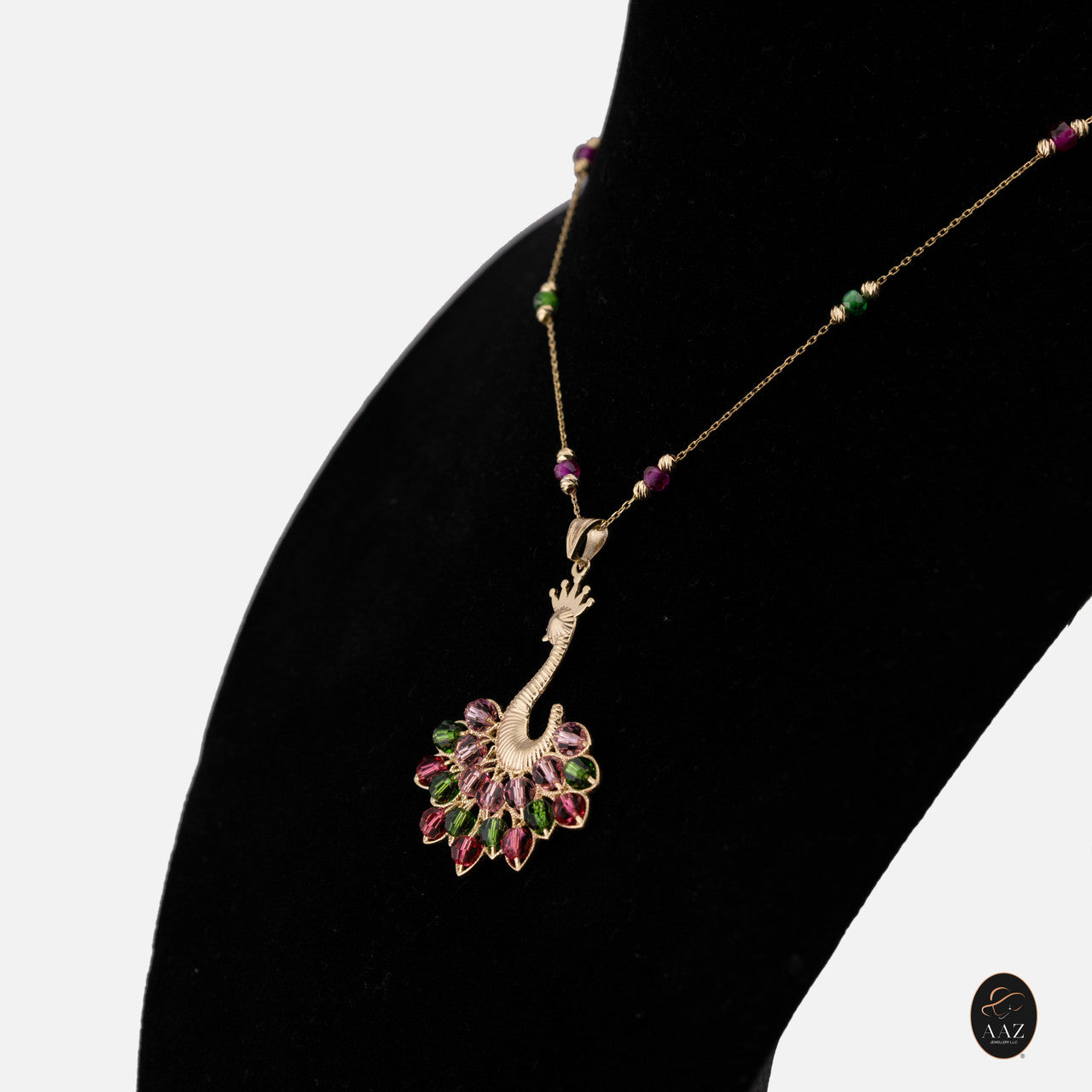Pink/Green Queen Peacock 18k Gold Plated Silver Necklace from a right angle