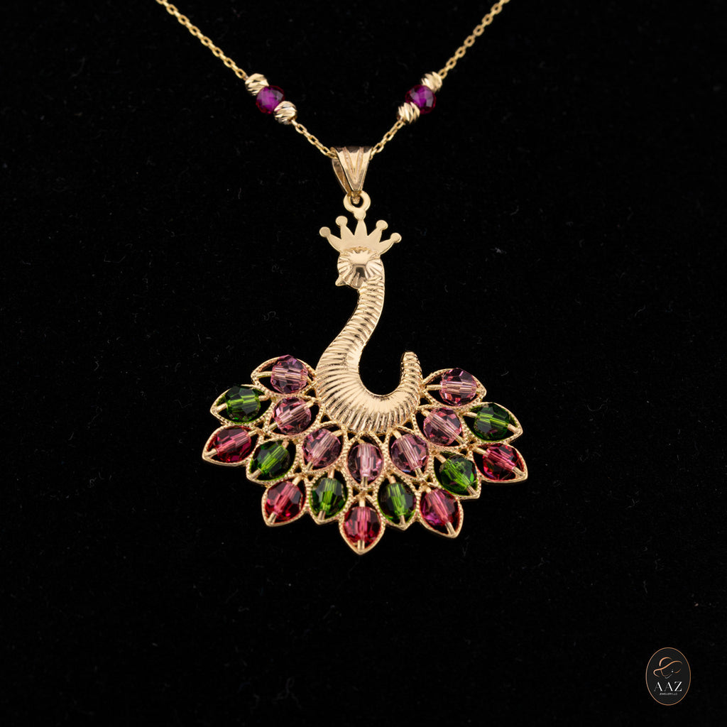 Pink/Green Queen Peacock 18k Gold Plated Silver Necklace on a model