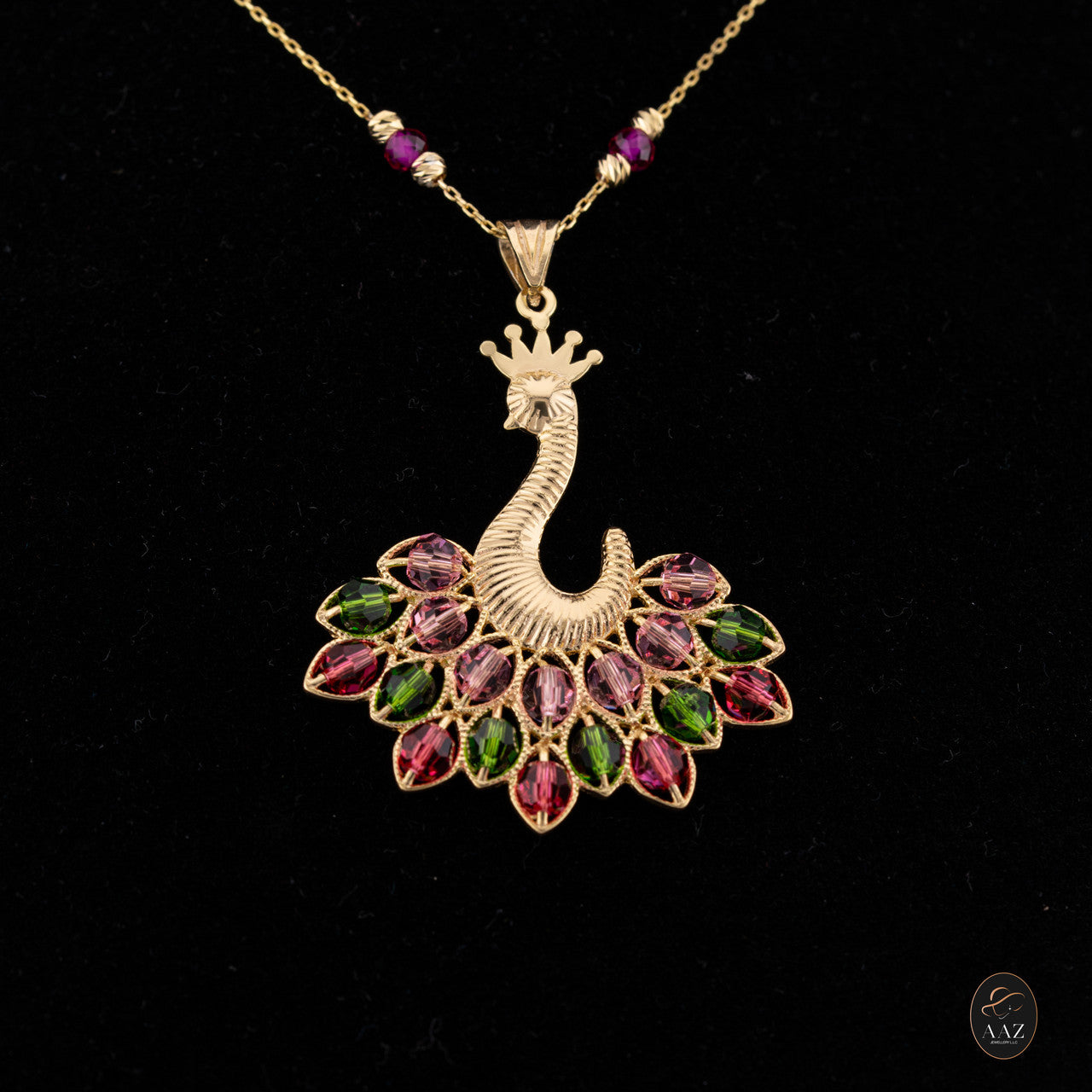 Pink/Green Queen Peacock 18k Gold Plated Silver Necklace on a model