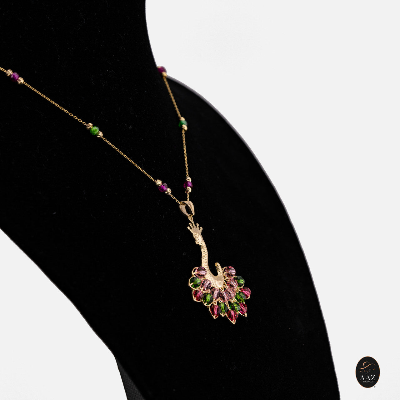Pink/Green Queen Peacock 18k Gold Plated Silver Necklace from left angle