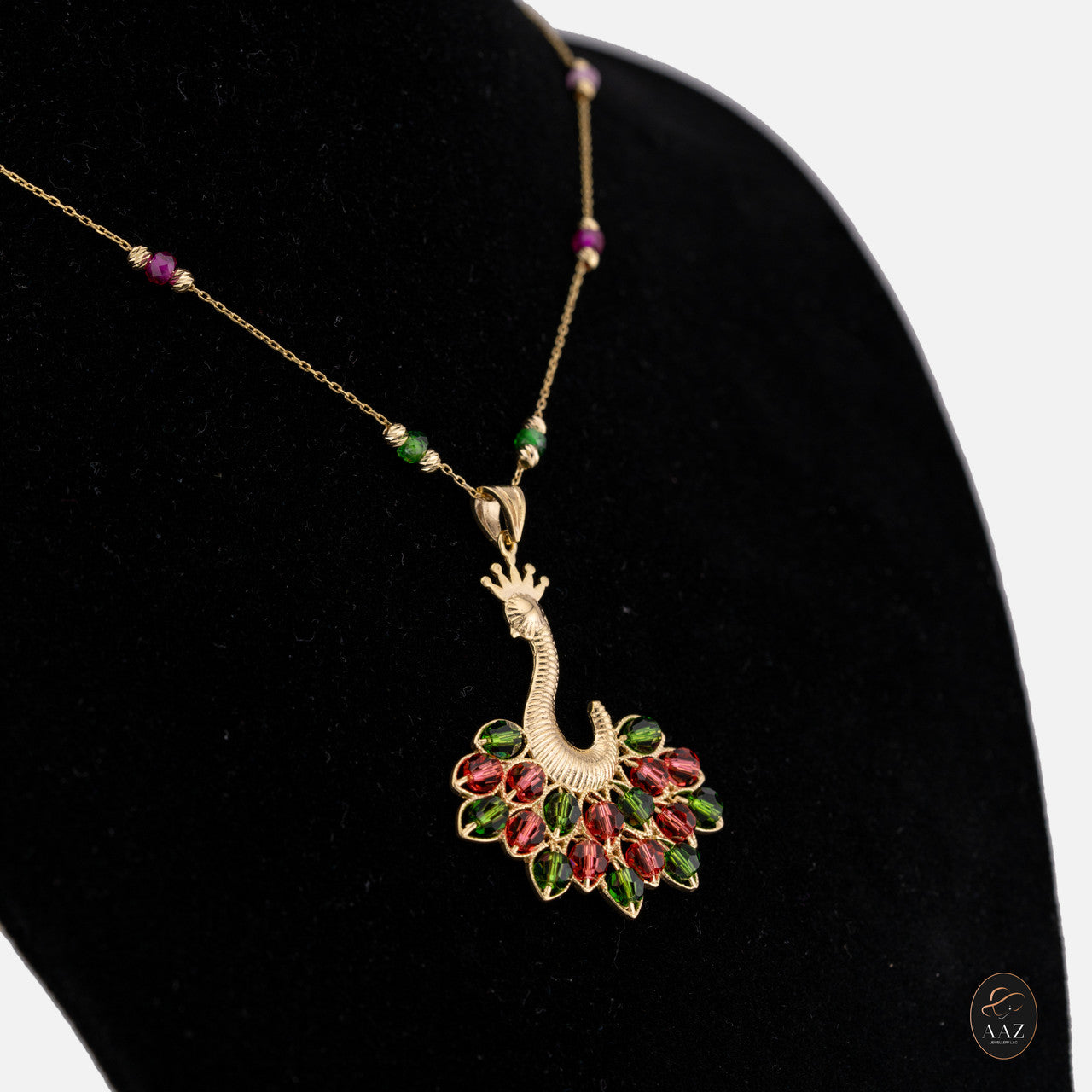 Green/Red Queen Peacock 18k Gold Plated Silver Necklace from a left angle