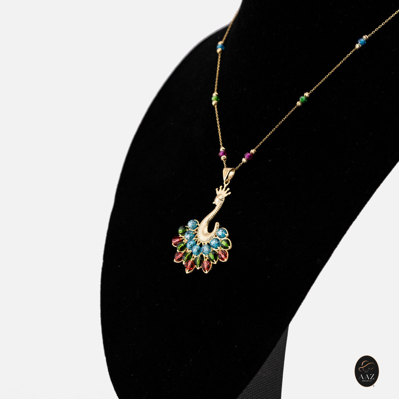Blue/Red Queen Peacock 18k Gold Plated Silver Necklace from a right angle