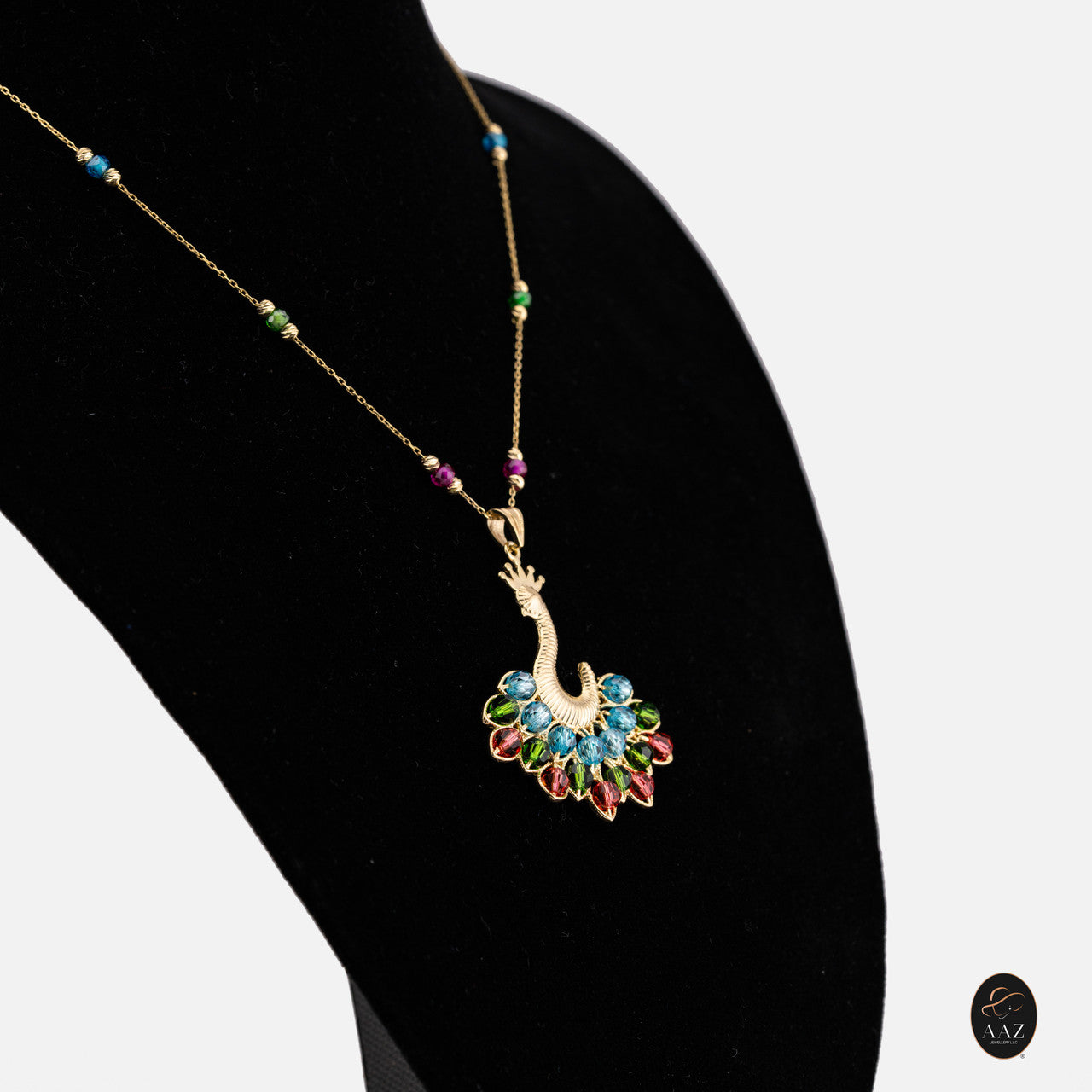 Blue/Red Queen Peacock 18k Gold Plated Silver Necklace from a right angle