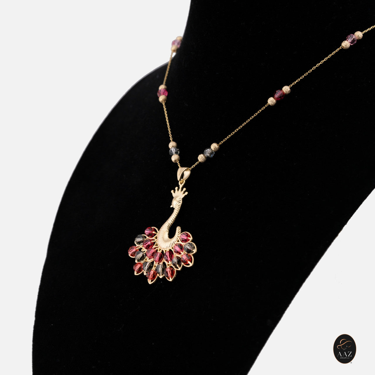 Red/Black Queen Peacock 18k Gold Plated Silver Necklace from a right angle