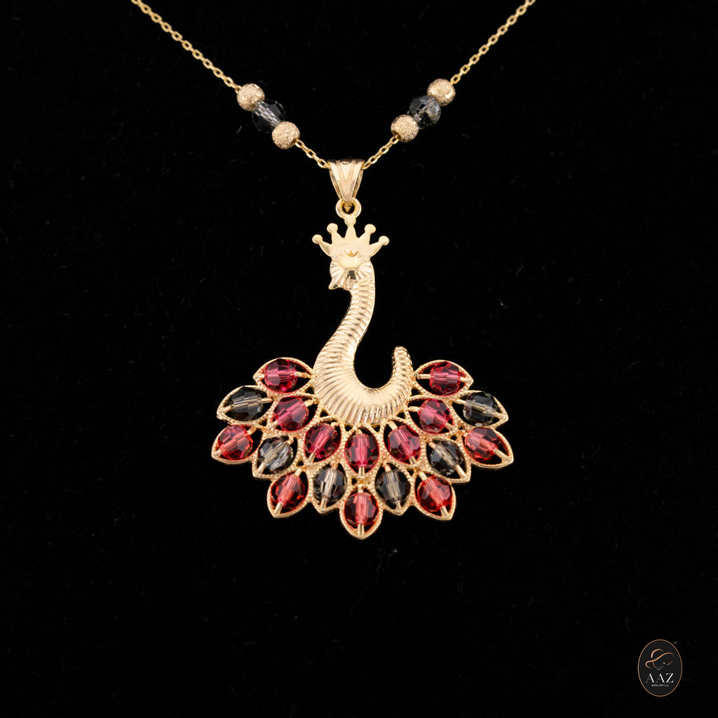 Red/Black Queen Peacock 18k Gold Plated Silver Necklace on a model