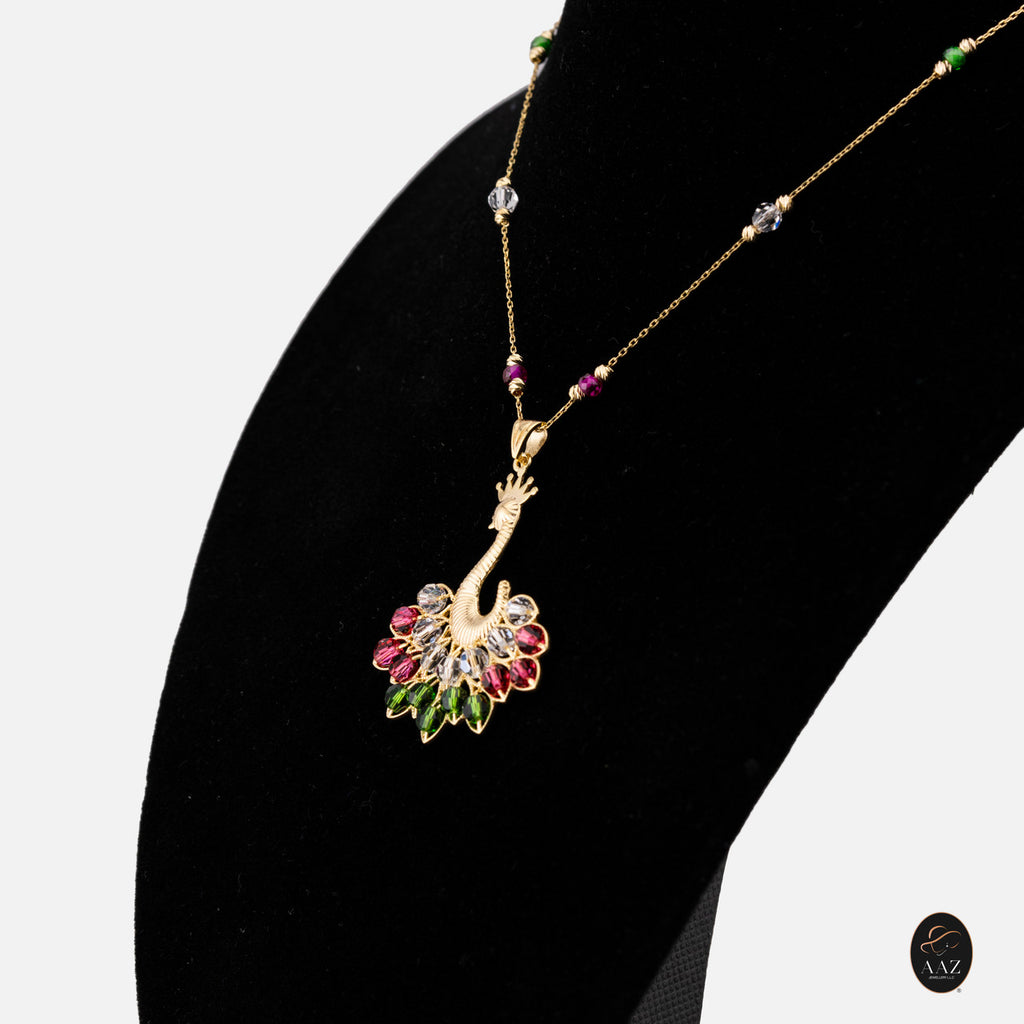 White/Red Queen Peacock 18k Gold Plated Silver Necklace from a right angle