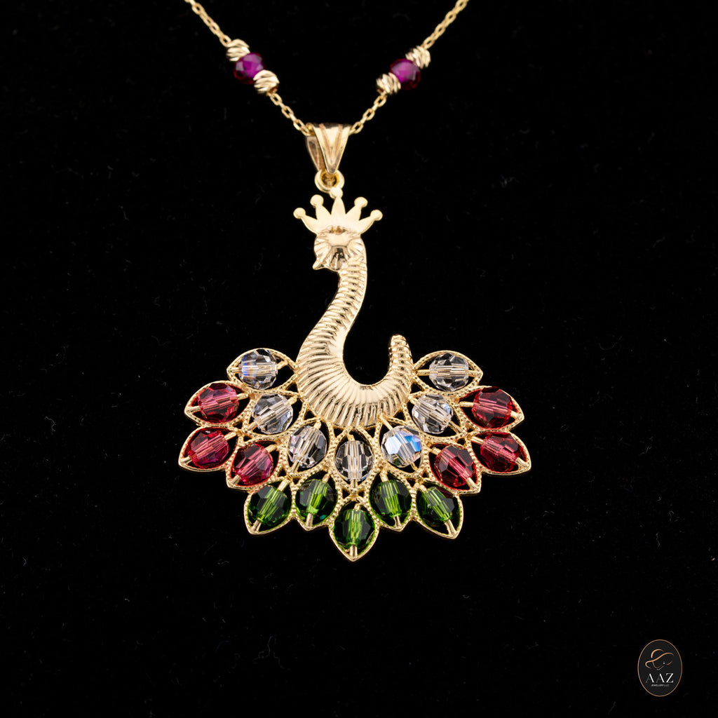 White/Red Queen Peacock 18k Gold Plated Silver Necklace on a model
