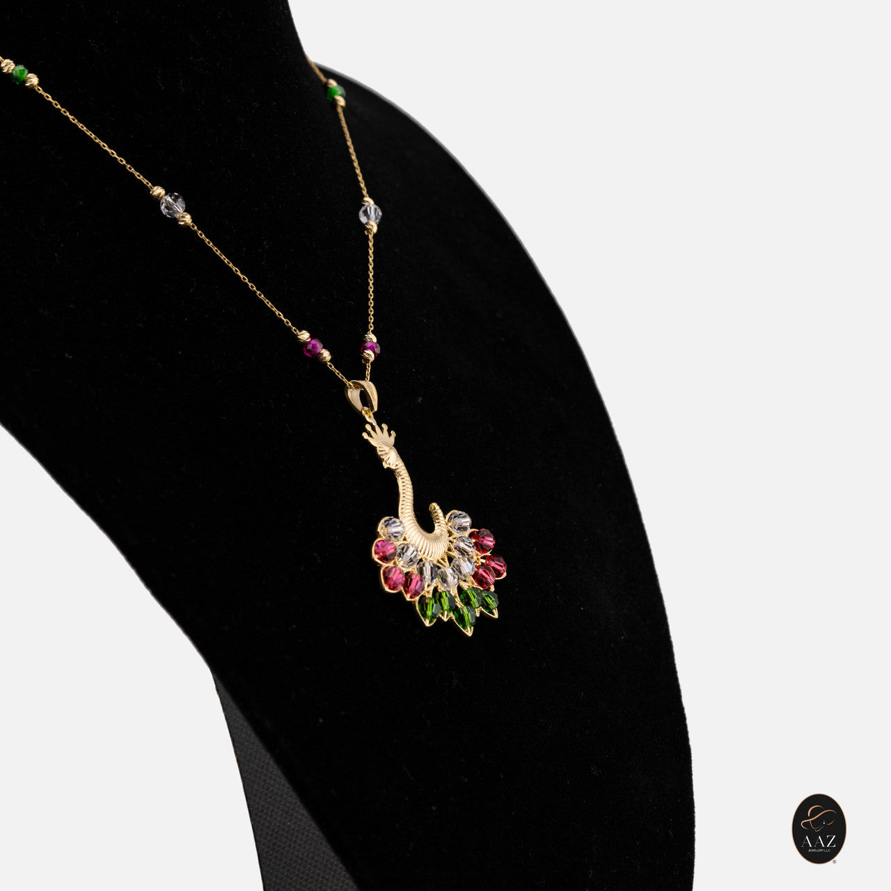 White/Red Queen Peacock 18k Gold Plated Silver Necklace from a left angle