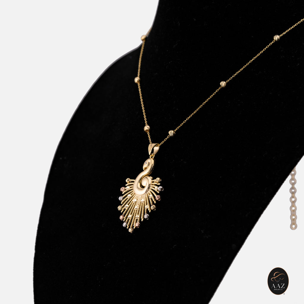 Tri-Colour peacock 18k Gold Plated Silver Necklace from a right angle