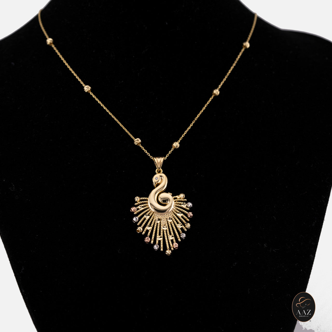 Tri-Colour peacock 18k Gold Plated Silver Necklace on a model