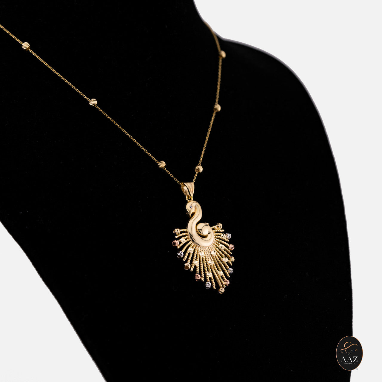 Tri-Colour peacock 18k Gold Plated Silver Necklace from a left angle