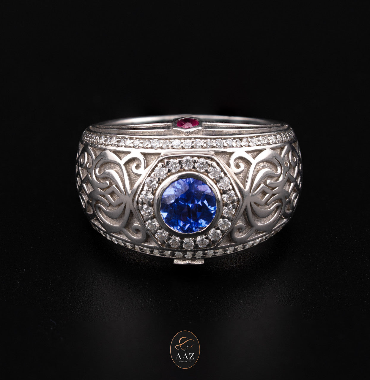 Middle Eastern Signet Silver Men's Ring in a back background