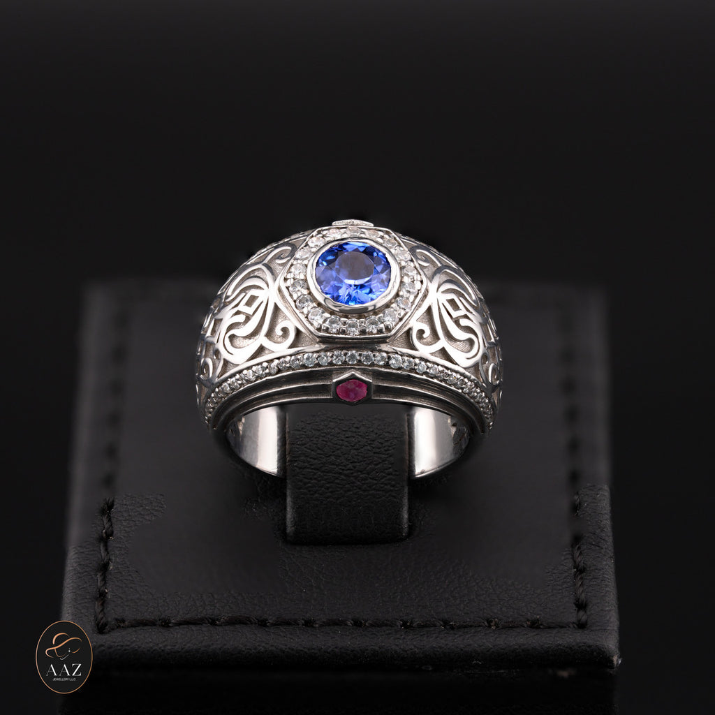 Middle Eastern Signet Silver Men's Ring in a back background
