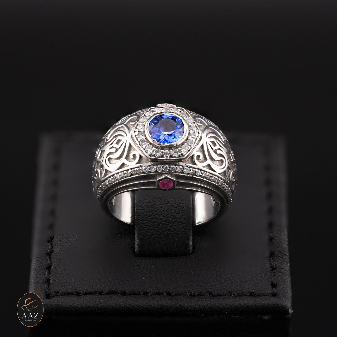 Middle Eastern Signet Silver Men's Ring in a back background