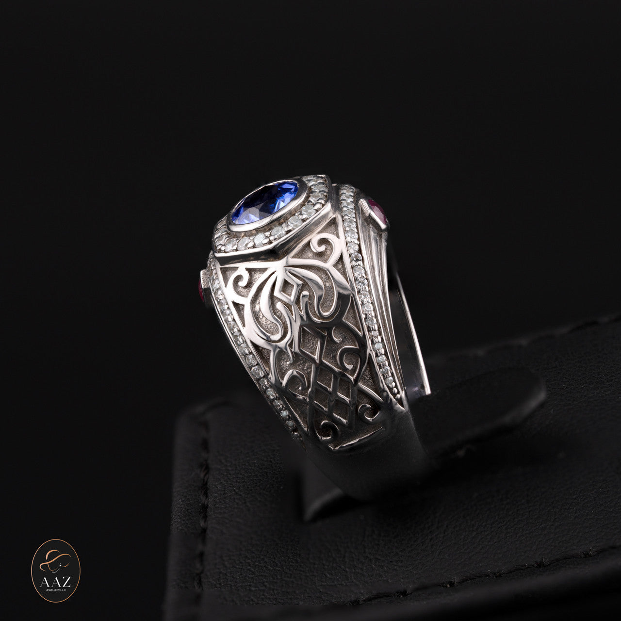 Middle Eastern Signet Silver Men's Ring in a back background