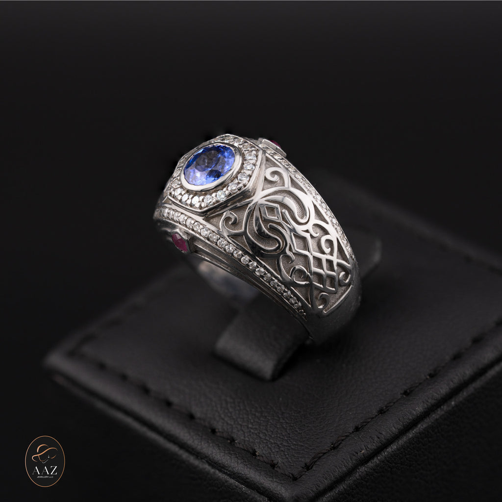 Middle Eastern Signet Silver Men's Ring in a back background