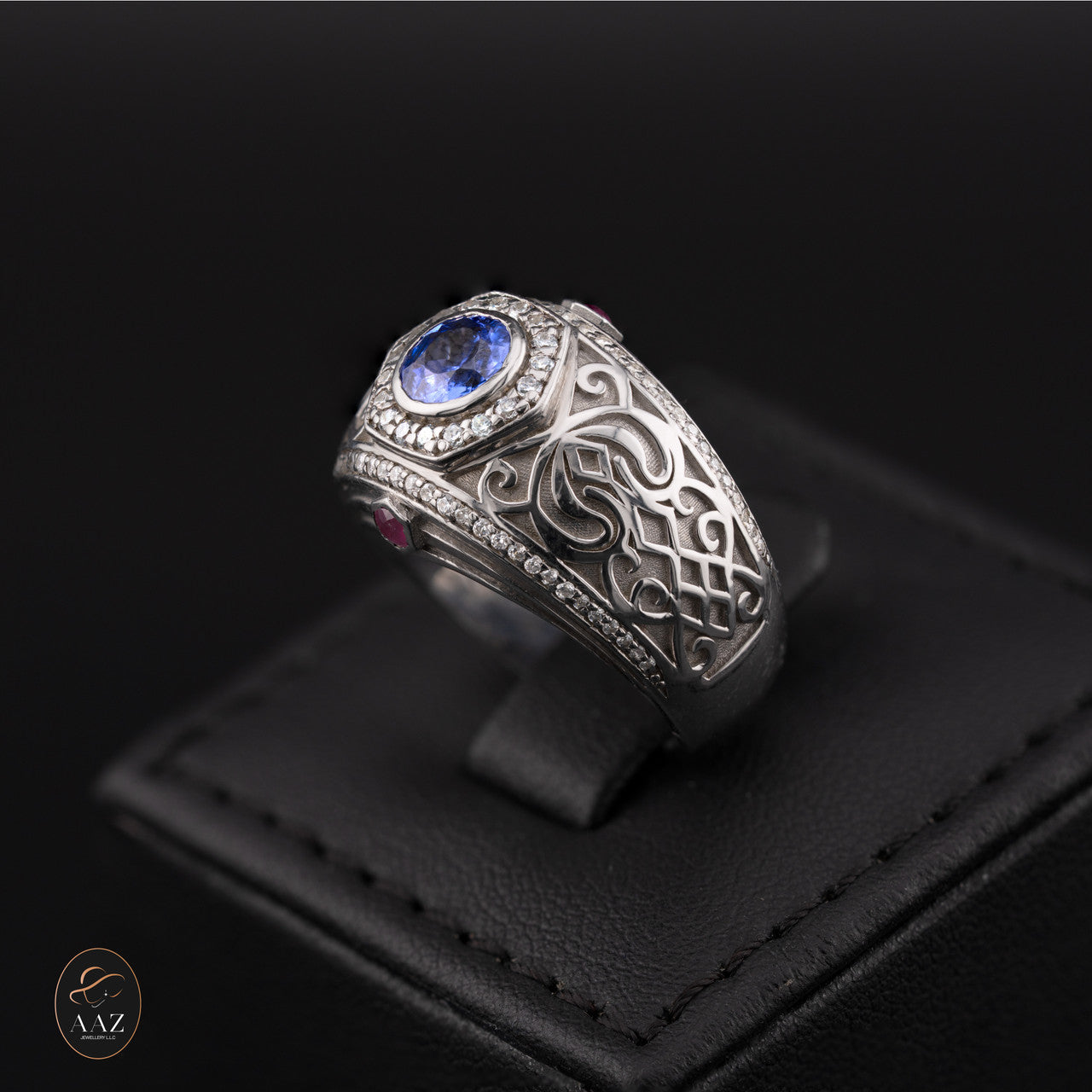 Middle Eastern Signet Silver Men's Ring in a back background