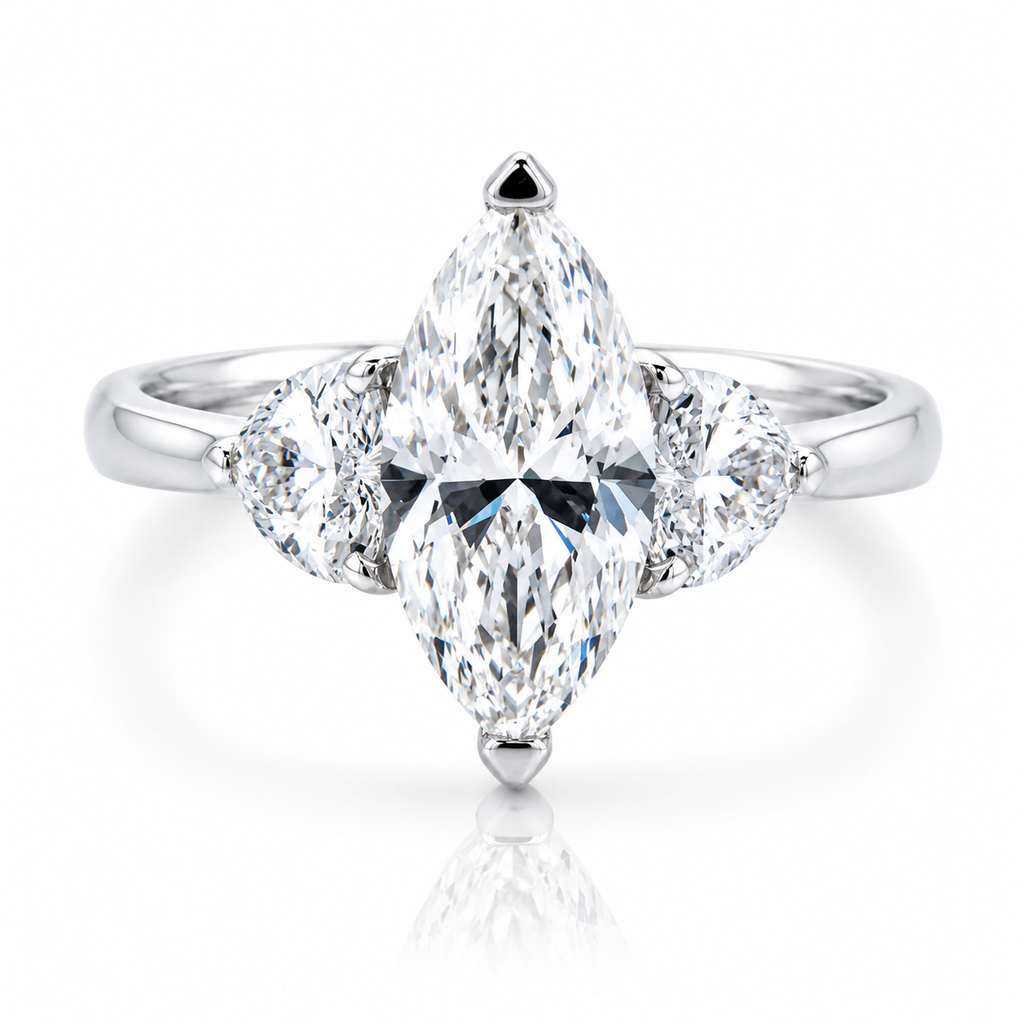 Marquise with Heart Shaped Natural Diamonds 18K Gold Ring