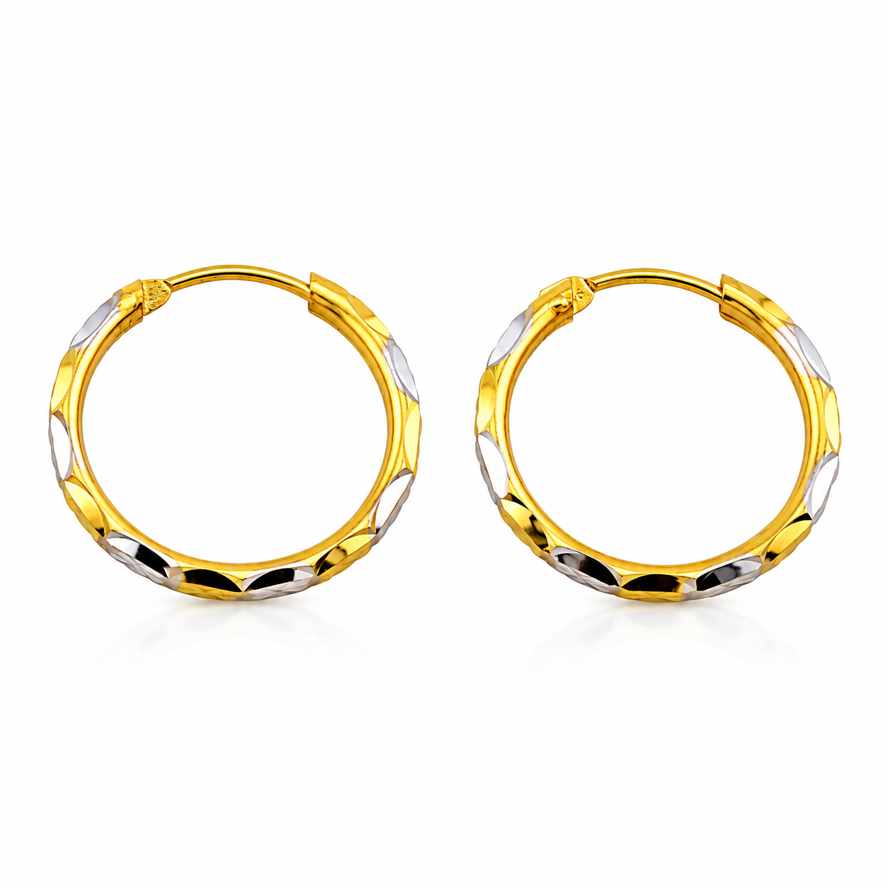Two-Tone 22K Gold Hoop Earrings – White & Yellow Diamond Cut